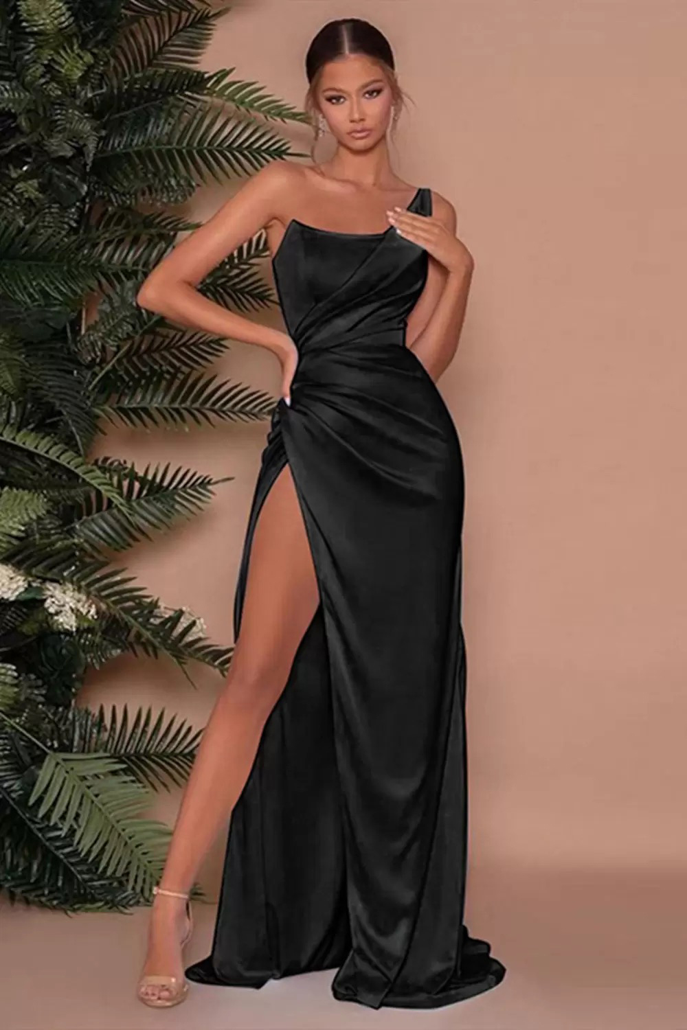 New Gold One Shoulder Satin Long Bridesmaid 2023 Ruched High Split Sweep Train Wedding Guest Maid Of Honor Dresses Free shipping
