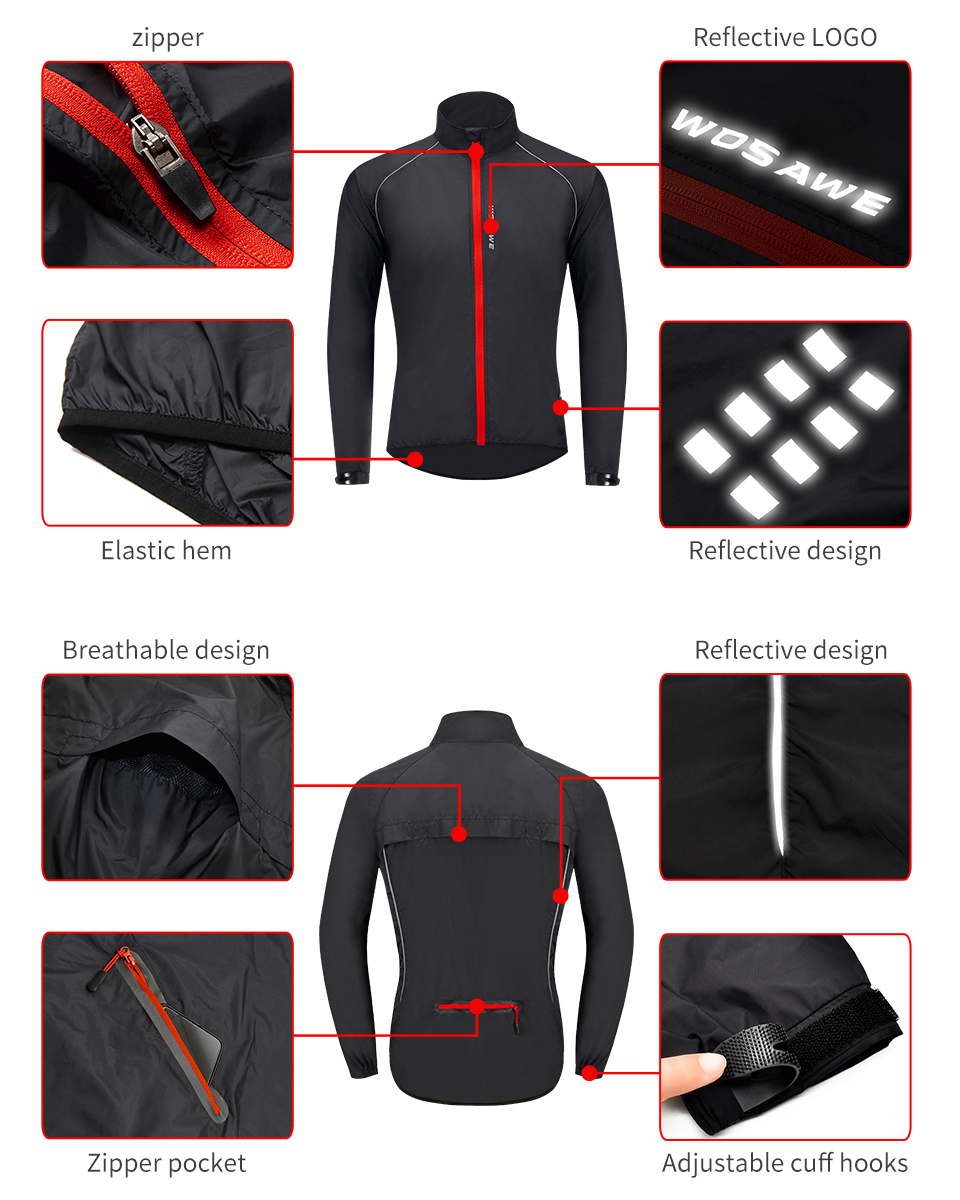 Cycling Jackets WOSAWE Reflective Men Jacket Windproof Waterproof Mountain Bike MTB Wind Coat Running Riding Bicycle Windbreaker 2