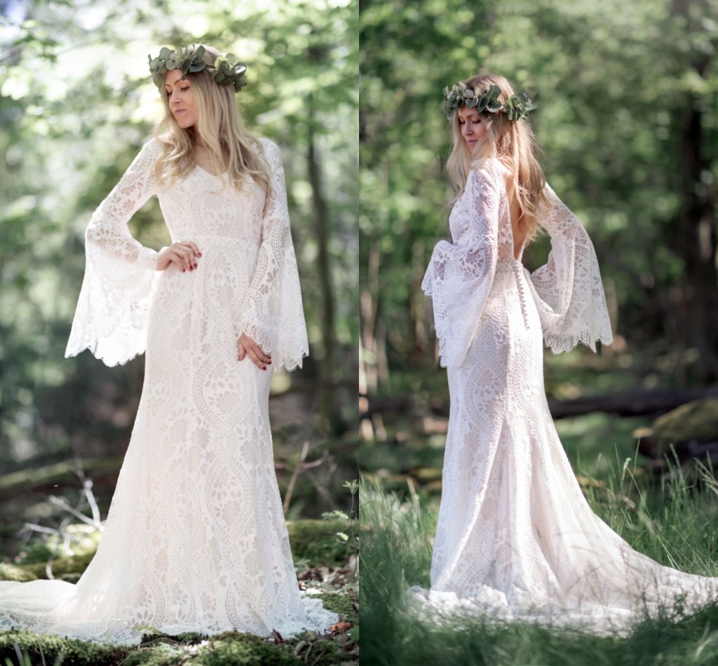 Bohemian Wedding Dress Mermaid Flare Long Sleeve Boho Beach Bridal Gowns corchet lace V-Neck Backless Country Robe De Mariage