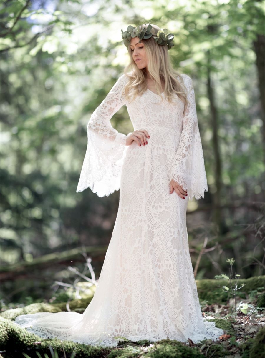 Bohemian Wedding Dress Mermaid Flare Long Sleeve Boho Beach Bridal Gowns corchet lace V-Neck Backless Country Robe De Mariage