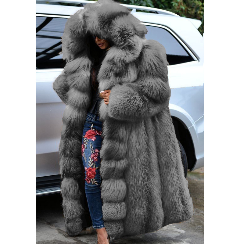 Plus Size Faux Fur Thick Long Coats Women Fashion Warm Maxi Floor Length Oversized Hooded Jackets Female Winter Clothes 201110