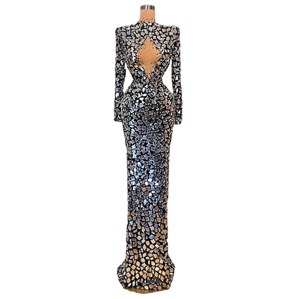 Gillter Mermaid Prom Reception Dresses 2023 High Neck Sexy Keyhole Beaded Sequins Mirror Long Sleeve Aso Ebi Evening Gown