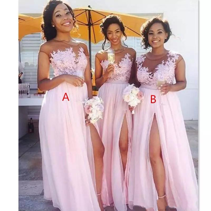 2023 cheap Chiffon blush pink Bridesmaid Dresses Appliqued Illusion Bodice Sexy Split Summer Black Women Maid Of Honor BM0146