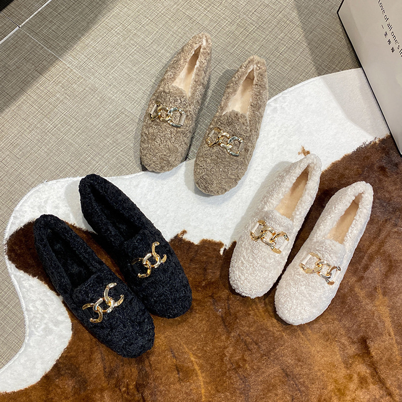 Dress Shoes Chain New Lambswool Flats Moccasins Femme Slip On Plush Winter Ladies Curly Furry Loafers Women Creepers atos Plus Size 43 221012