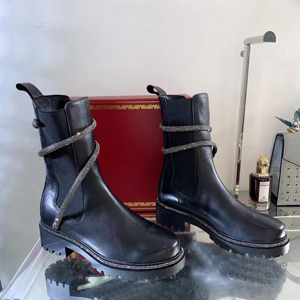 

rhinestone Snake Strass Wraparound chunky half boots Black leather womens low heel Martin Boots heavy duty luxury designer brands for women Fashion Boot, 1# white