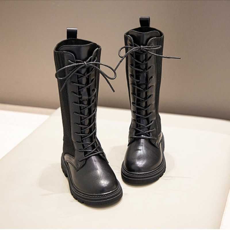 Fashion Boots Kids Autumn and Winter High Children Round-toe Mid-calf Girls Black Warm Lace-up Unique for Girl L221011