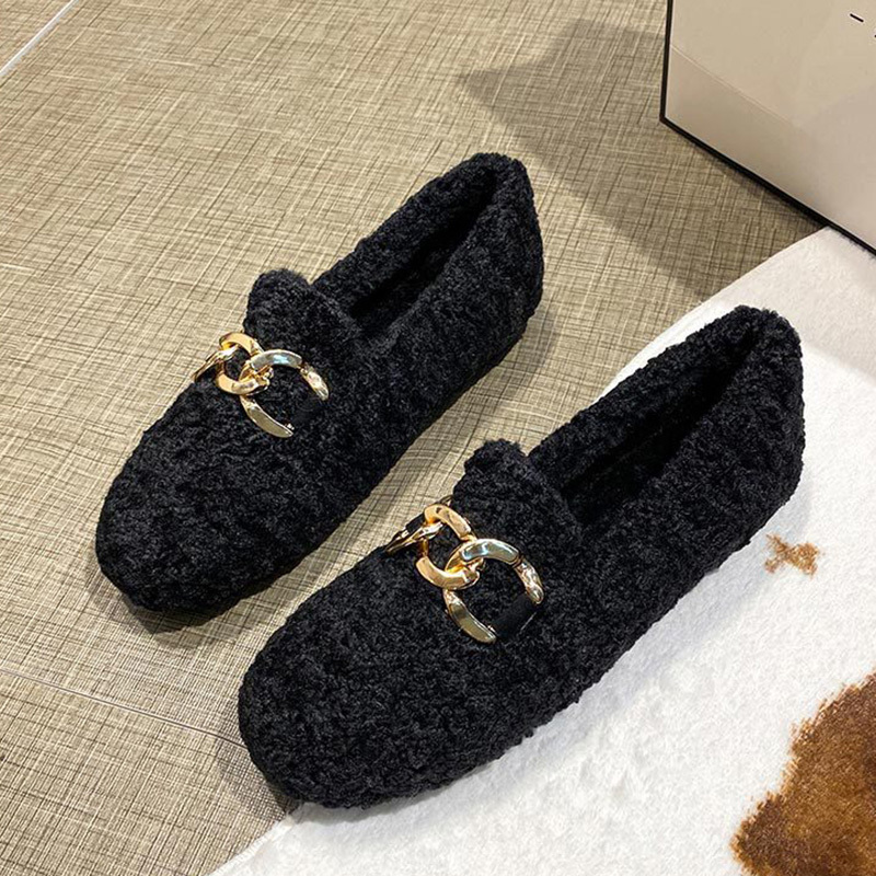 Dress Shoes Chain New Lambswool Flats Moccasins Femme Slip On Plush Winter Ladies Curly Furry Loafers Women Creepers atos Plus Size 43 221012