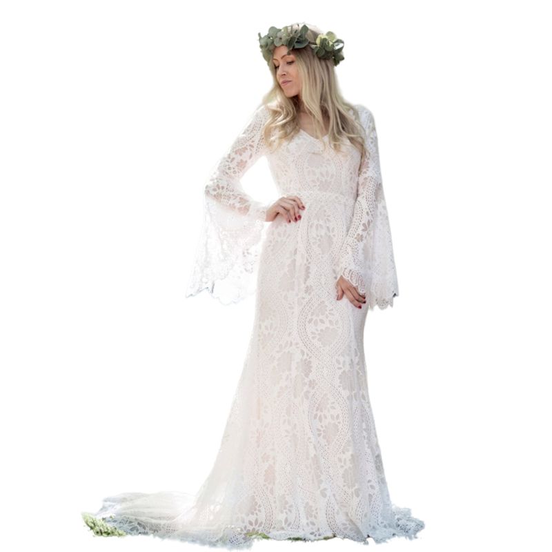 Bohemian Wedding Dress Mermaid Flare Long Sleeve Boho Beach Bridal Gowns corchet lace V-Neck Backless Country Robe De Mariage