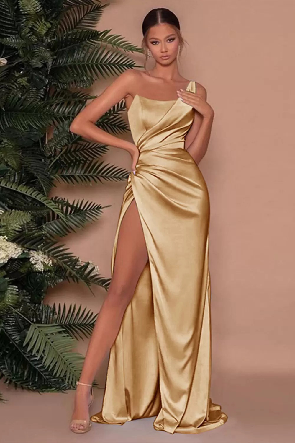 New Gold One Shoulder Satin Long Bridesmaid 2023 Ruched High Split Sweep Train Wedding Guest Maid Of Honor Dresses Free shipping