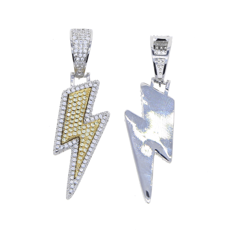 Iced-Out Lighing Pendant Necklace: Two-Tone CZ Charm for Men & Women fa71
