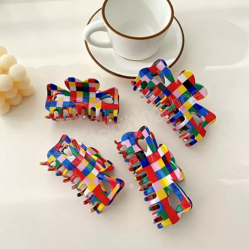 Temperament Hair Clip Imitate Acetate Checkered Classic Retro Clmaps Design Colorful Hair Claw Women Headwear