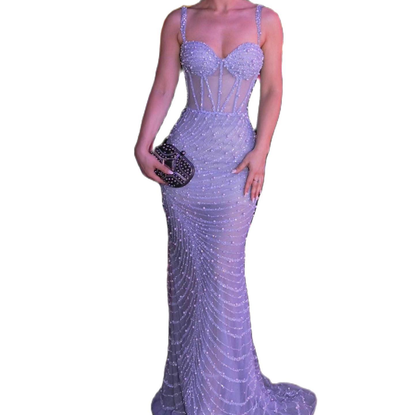Sexy Beads Evening Dresses New Spaghetti Straps Celebrity Party Gowns Luxurious Pearls Mermaid Formal Prom Dress