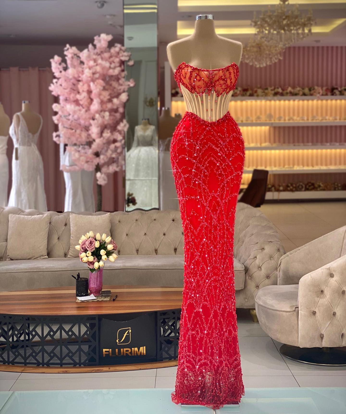 Elegant Red Mermaid Prom Dresses Beads Strapless Party Dresses Lace Sleeveless Custom Made Evening Dress