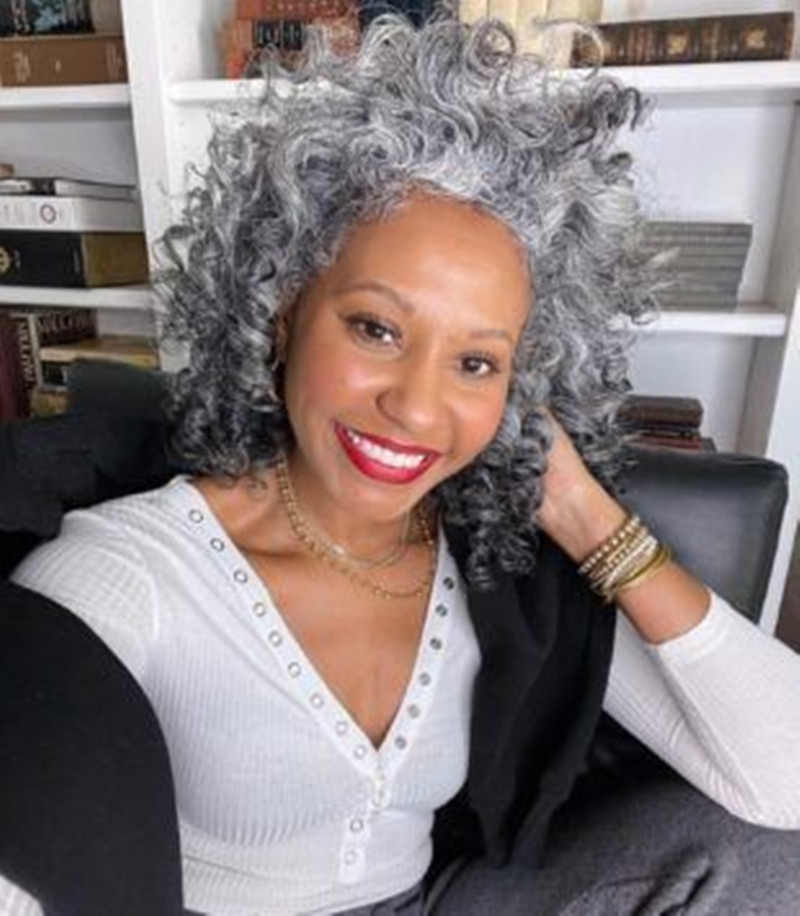 Wraps African American Human Hair Ponytail Silver Grey Pony tail Extension Hairpiece Clip on Gray Afro Deep Curly bun updo chignon Hairstyles 120g 12i