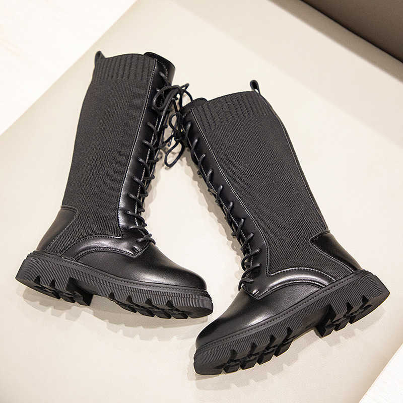 Fashion Boots Kids Autumn and Winter High Children Round-toe Mid-calf Girls Black Warm Lace-up Unique for Girl L221011