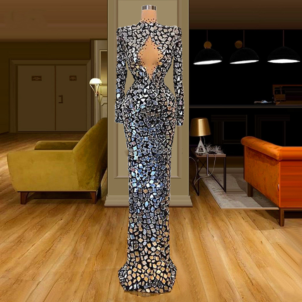 Gillter Mermaid Prom Reception Dresses 2023 High Neck Sexy Keyhole Beaded Sequins Mirror Long Sleeve Aso Ebi Evening Gown