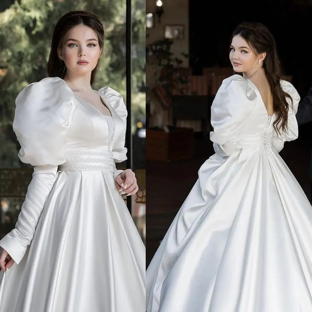 Designer Elegant Wedding Dress Puff Long Sleeves Full-length Princess Dress Matte Satin With Soft Waistband Plus Size Bridal Gown Custom Made Vestidos De Novia, Champagne
Designer Elegant Wedding Dress Puff Long Sleeves Full-length Princess Dress Matte Satin With Soft Waistband Plus Size Bridal Gown Custom Made Vestidos De Novia, Champagne