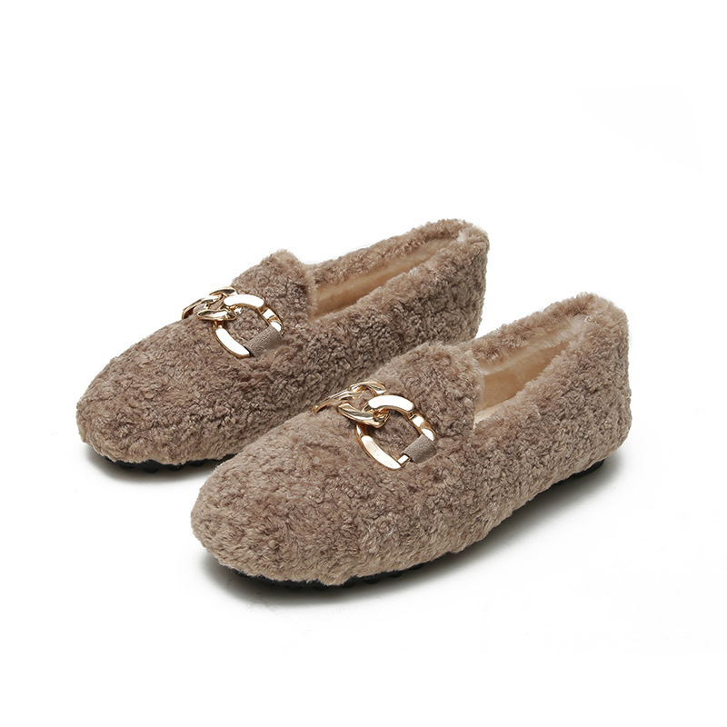Dress Shoes Chain New Lambswool Flats Moccasins Femme Slip On Plush Winter Ladies Curly Furry Loafers Women Creepers atos Plus Size 43 221012