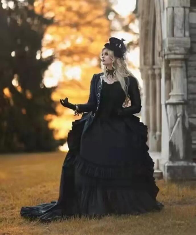 Vintage Medieval Victorian Black a-line Wedding Dresses Gothic Pleats Corset Wedding Gowns With Long Sleeve Jacket Royal Bridal Dress