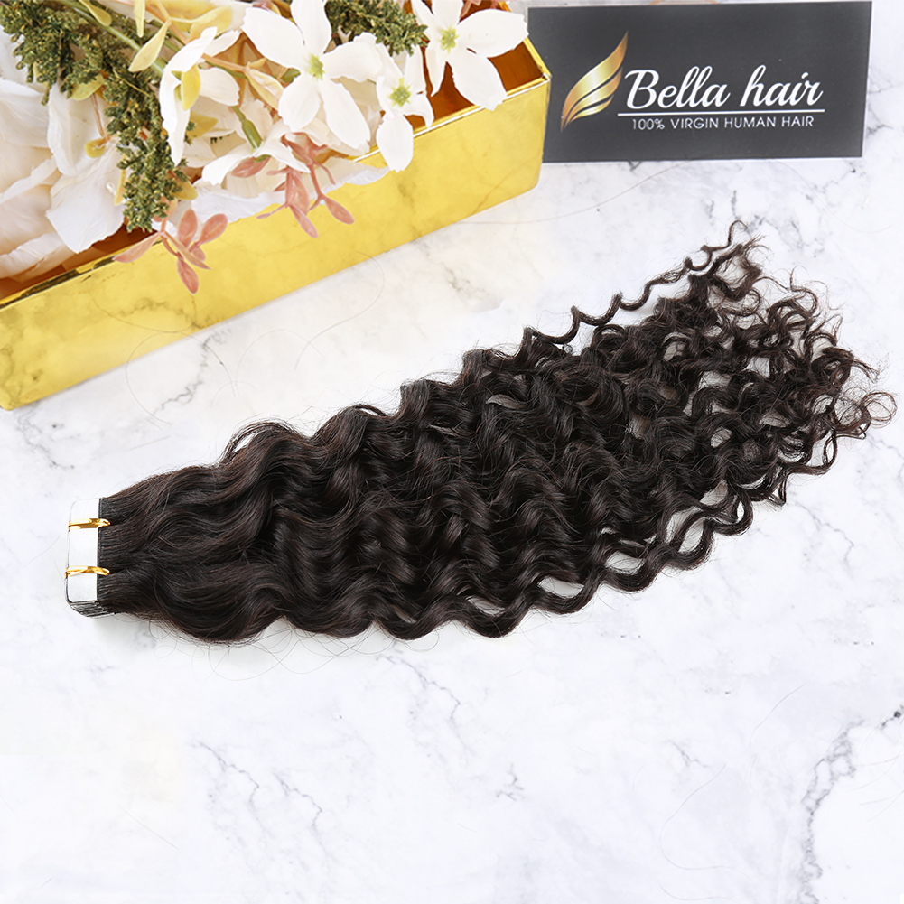 Tape in Human Hair Extensions Curly Wave Natural Black 50g Seamless Skin Weft Glue in Silky Hairpieces 20pcs/pack with Double Side Tapes for Women SAL