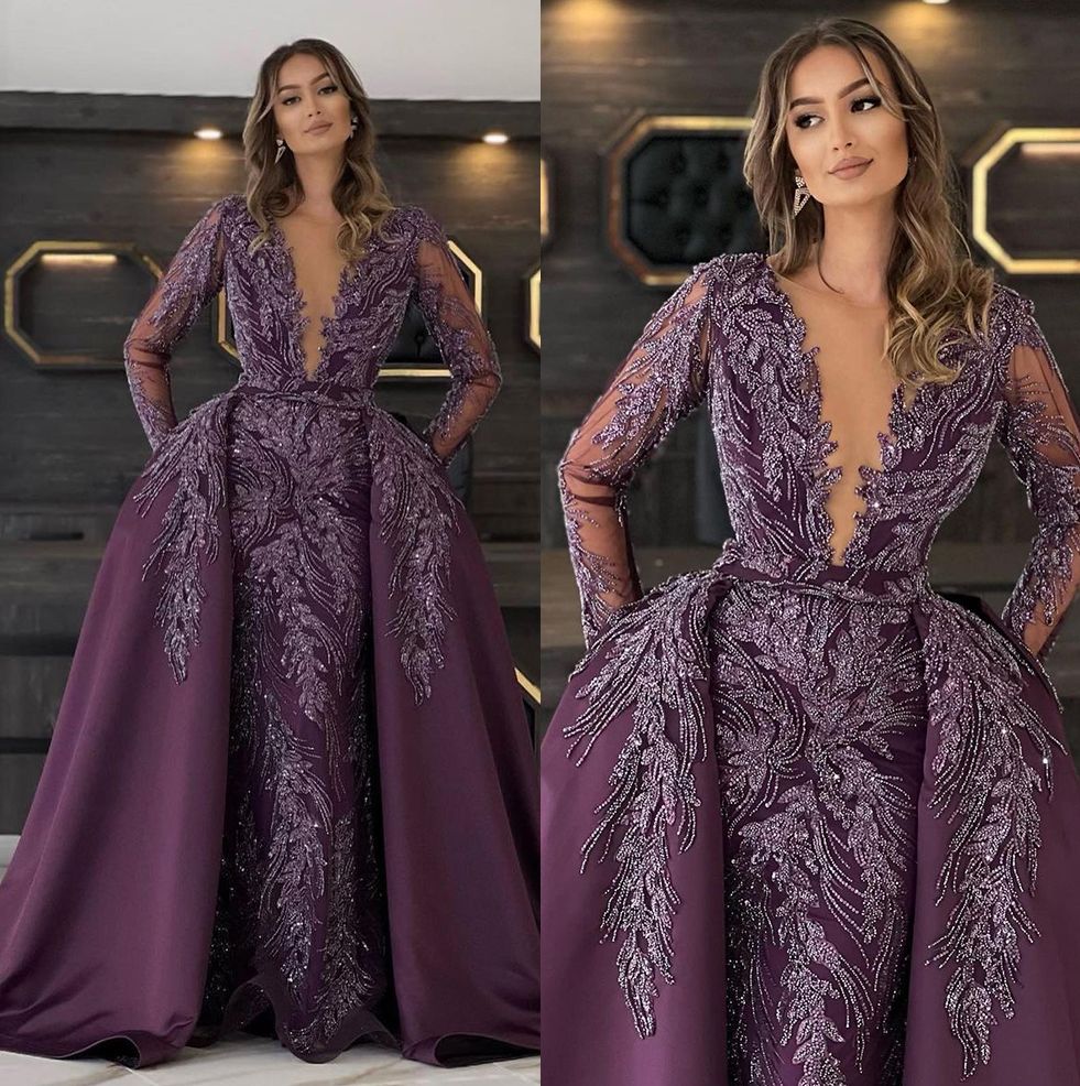 Fancy Purple Prom Dresses Sheer Neck Jewel Lace Appliques Party Dresses with Overskirts Custom Made Evening Dress