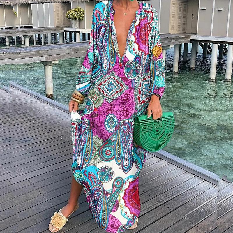 Casual Dresses Women Boho Print Loose Beach Elegant Retro Harajuku V-Neck Maxi Dress Sexy Long Sleeve Oversized