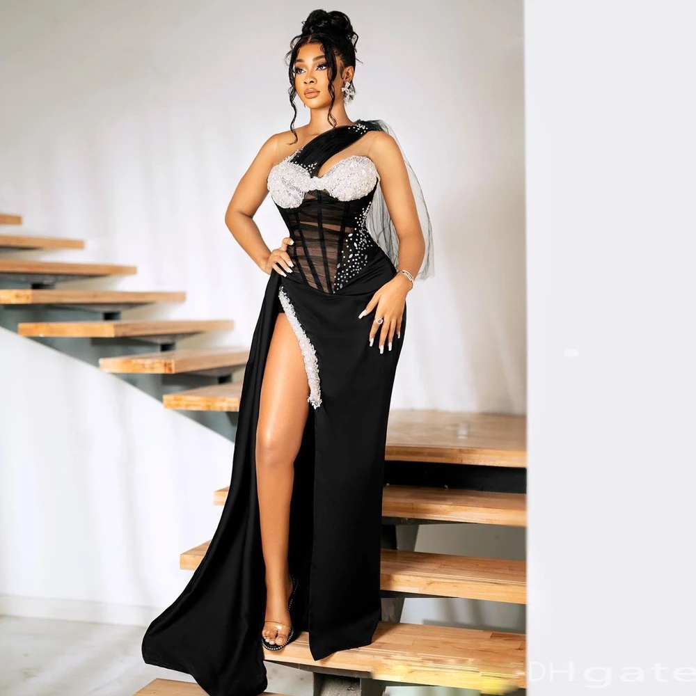 One Shoulder Prom Sexy Dresses Black High Side Split Special Ocn Gown Mermaid Beads Reception Birthday Vestidos De Novia