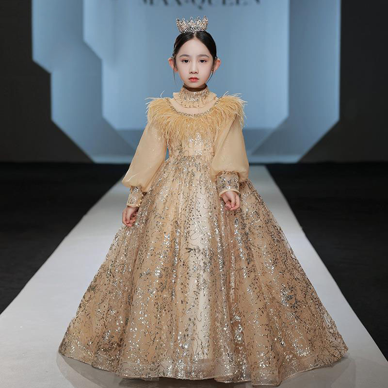 gold Lace Flower Girls Dresses Sheer Neck long Sleeves Appliques Tulle Wedding baby Pageant Dresses Party gowns For Teens