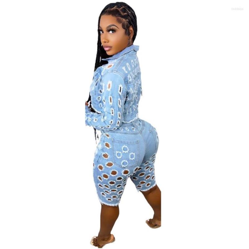 Women's Tracksuits Fashionable Women Holes Denim Jacket And Jeans Two Pieces Set Sexy Ripped Long Sleeves Coat Zipper Shorts Suit