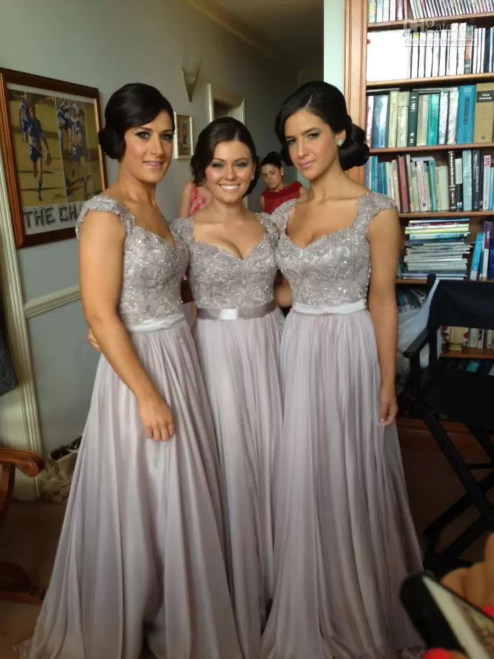 Elegant Sier Grey Long Bridesmaid Dresses Sequins Lace Applique Chiffon or Length Cheap Maid Honor Evening Party Gowns