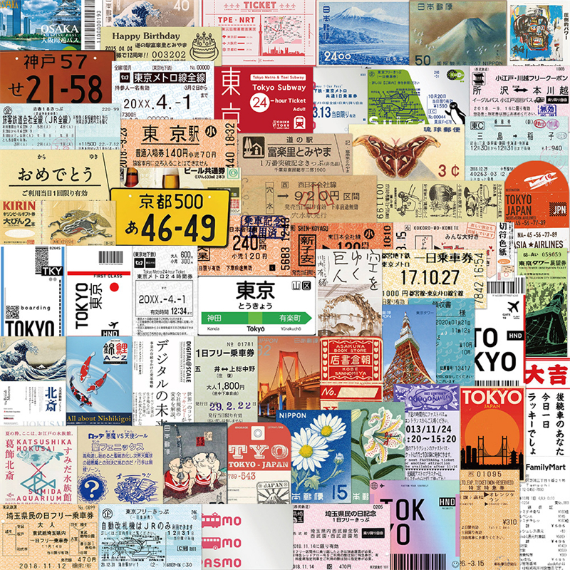 60pcs Tokyo Travel Souvenir Tickets Stickers Vintage Japan Ticket Graffiti Stickers Cartoon Decals Kids Toy DIY Suitcase Scrapbook Phone Laptop Sticke
