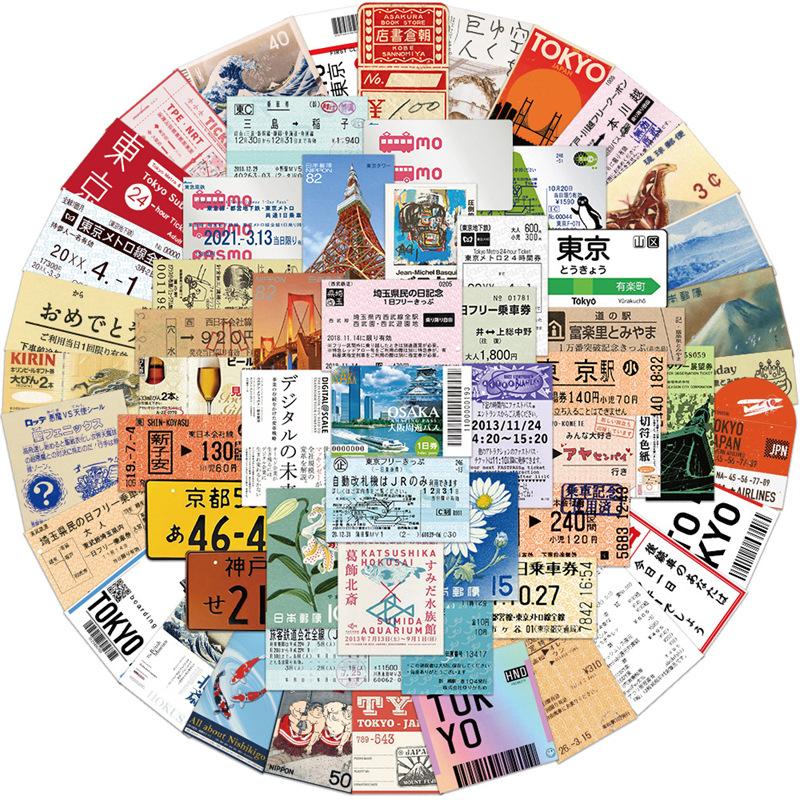 60pcs Tokyo Travel Souvenir Tickets Stickers Vintage Japan Ticket Graffiti Stickers Cartoon Decals Kids Toy DIY Suitcase Scrapbook Phone Laptop Sticke