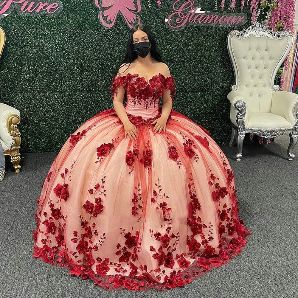 burgundy 3D Flowers Appliques Lace Quinceanera Dress Ball Gown Off The Shoulder Plus Size Pageant Sweet 15 Vestidos De XV Anos
