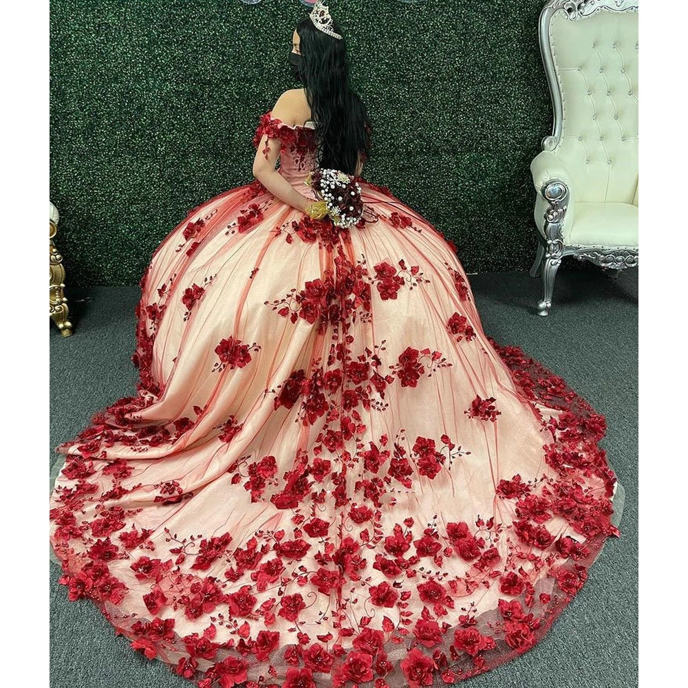 burgundy 3D Flowers Appliques Lace Quinceanera Dress Ball Gown Off The Shoulder Plus Size Pageant Sweet 15 Vestidos De XV Anos