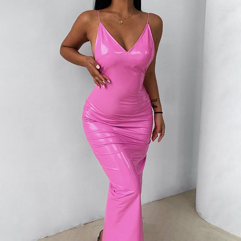 Casual Dresses Hirigin Sexy Backless Long Bodycon Dress Women Spaghetti Straps PU Leather Pencil Club Night Party Sleeveless