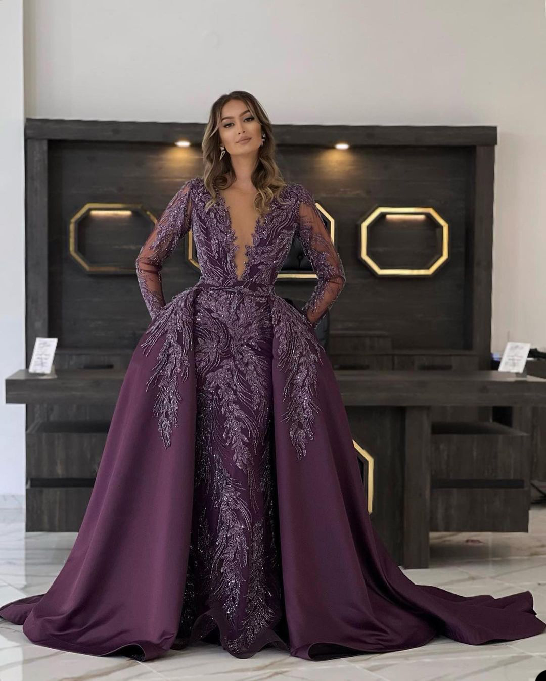 Fancy Purple Prom Dresses Sheer Neck Jewel Lace Appliques Party Dresses with Overskirts Custom Made Evening Dress