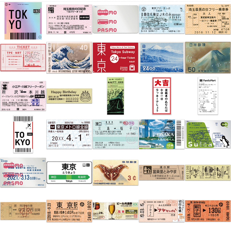 60pcs Tokyo Travel Souvenir Tickets Stickers Vintage Japan Ticket Graffiti Stickers Cartoon Decals Kids Toy DIY Suitcase Scrapbook Phone Laptop Sticke