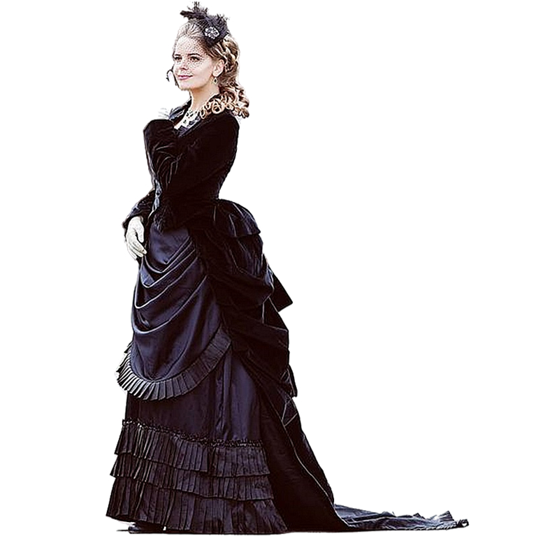 Vintage Victorian Black Prom Dresses With Long Sleeve Velvet Jacket Tiers Pleats Skirt Women Bustle Gowns Formal Party Evening Wear Custom Made 2024