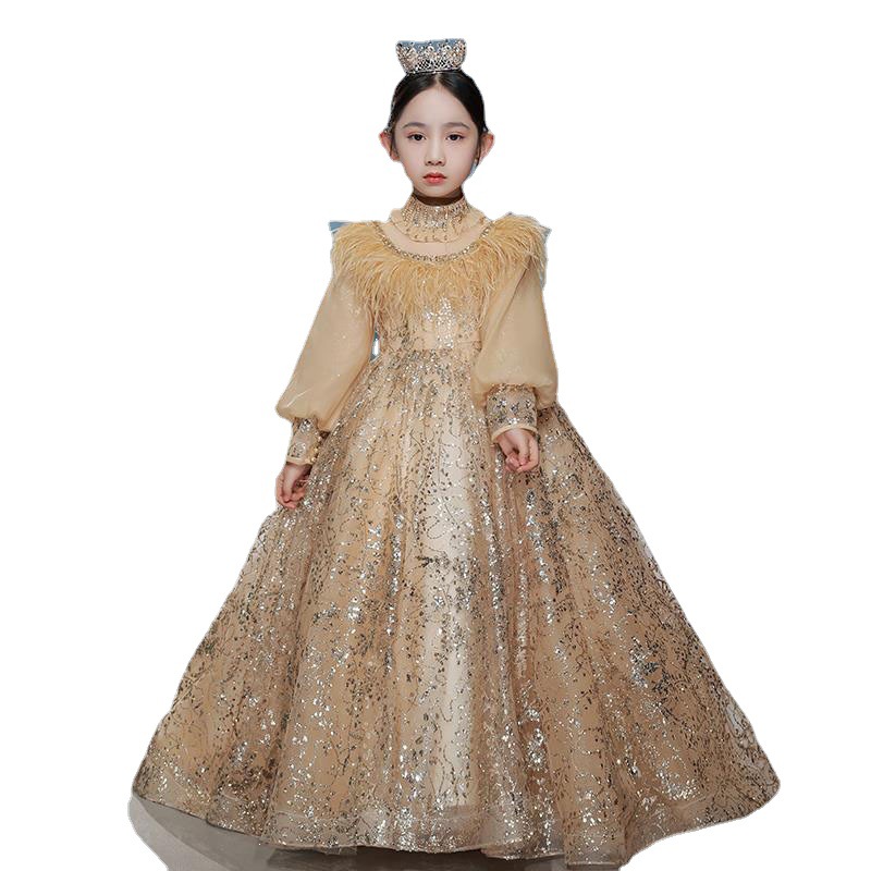 gold Lace Flower Girls Dresses Sheer Neck long Sleeves Appliques Tulle Wedding baby Pageant Dresses Party gowns For Teens