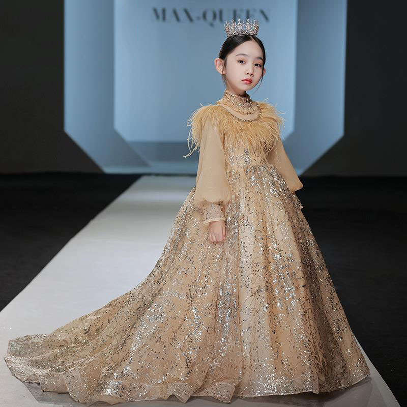 gold Lace Flower Girls Dresses Sheer Neck long Sleeves Appliques Tulle Wedding baby Pageant Dresses Party gowns For Teens