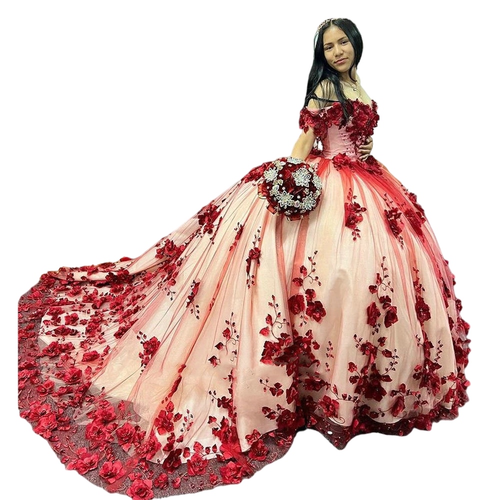 burgundy 3D Flowers Appliques Lace Quinceanera Dress Ball Gown Off The Shoulder Plus Size Pageant Sweet 15 Vestidos De XV Anos