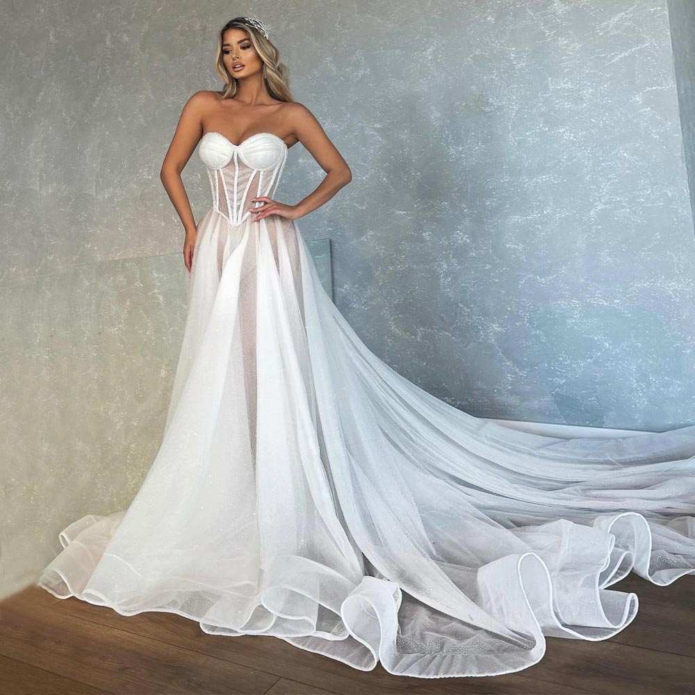 Beaded Fabulous Wedding Dresses Sweetheart Necke Bridal Gowns Plus Size Pleated Sweep Train Tulle Boned Vestido De Novia