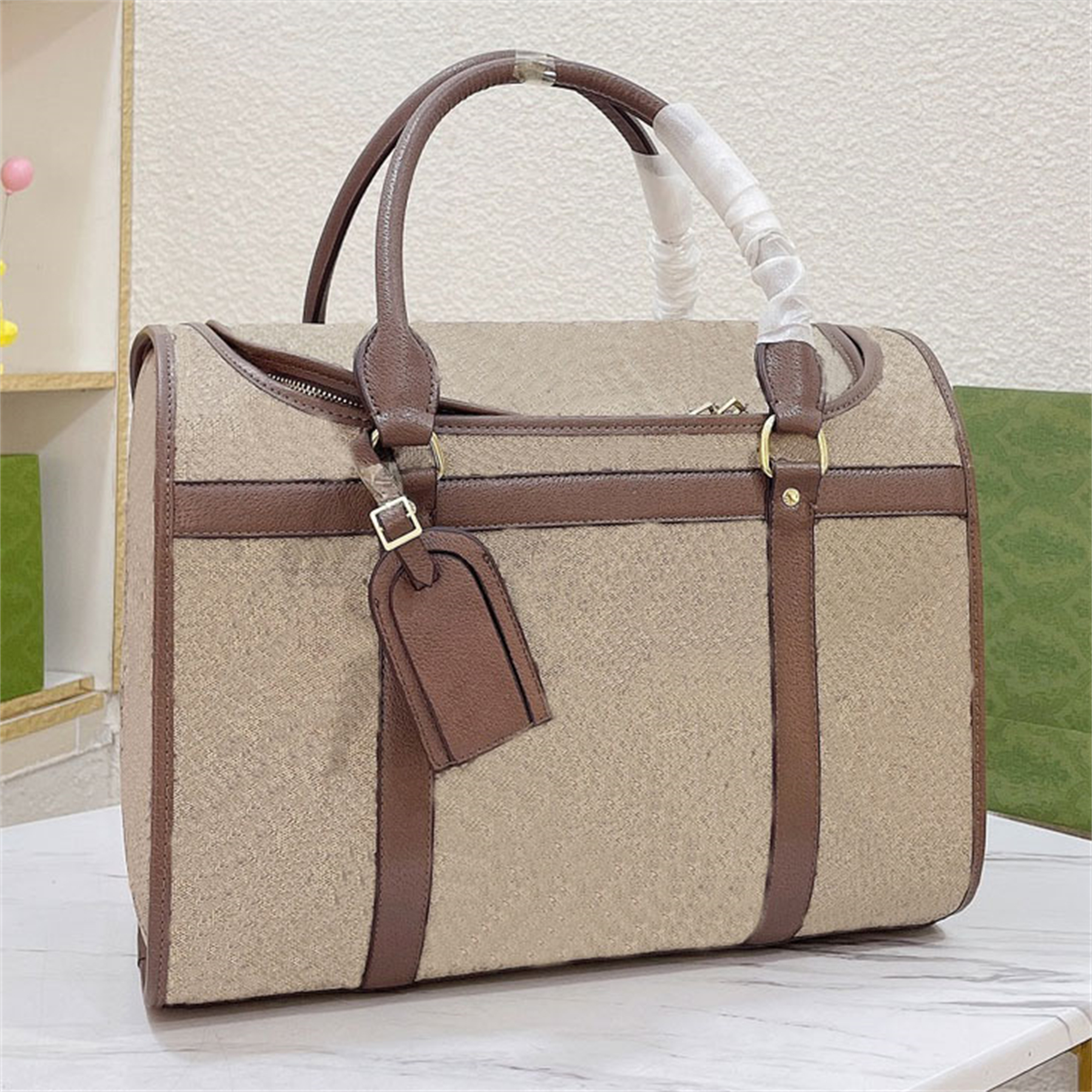 Pet Designer Carrier Dog Bag Cat Carriers Case Handbags Classic Ventilation Net Practical Travel Outdoor Web Beige Ebony Canvas Mesh Window Double Handles