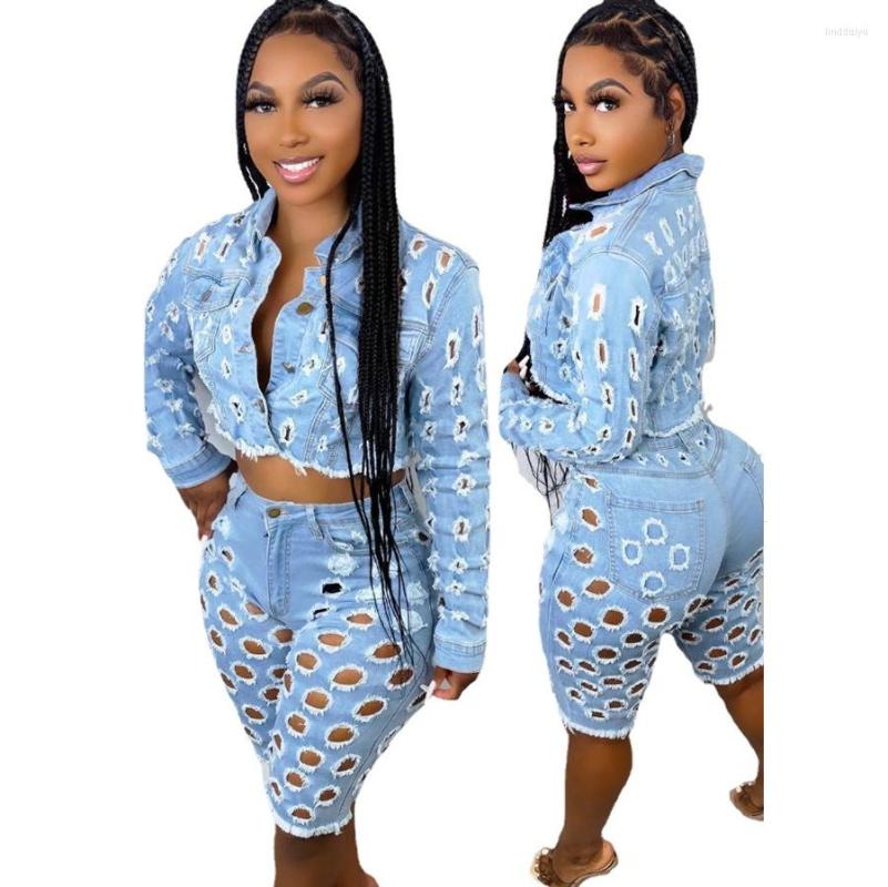 Women's Tracksuits Fashionable Women Holes Denim Jacket And Jeans Two Pieces Set Sexy Ripped Long Sleeves Coat Zipper Shorts Suit