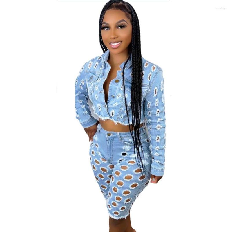 Women's Tracksuits Fashionable Women Holes Denim Jacket And Jeans Two Pieces Set Sexy Ripped Long Sleeves Coat Zipper Shorts Suit