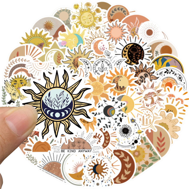 50PCS Cute Bohemian Sun Moon Flowers Stickers Aesthetic Laptop Guitar Phone Scrapbook Luggage Wall Cartoon Sticker