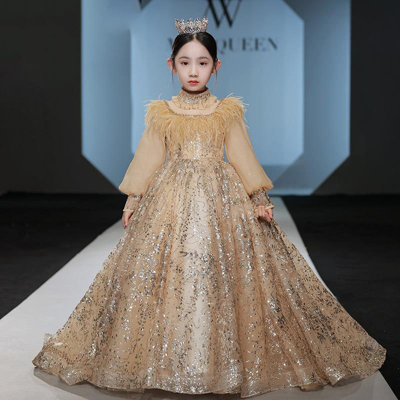 gold Lace Flower Girls Dresses Sheer Neck long Sleeves Appliques Tulle Wedding baby Pageant Dresses Party gowns For Teens