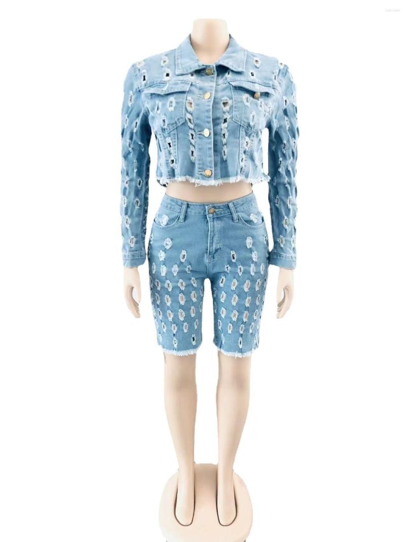 Women's Tracksuits Fashionable Women Holes Denim Jacket And Jeans Two Pieces Set Sexy Ripped Long Sleeves Coat Zipper Shorts Suit