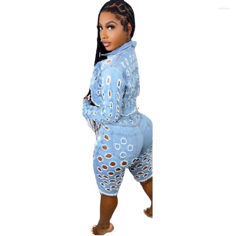 Women's Tracksuits Fashionable Women Holes Denim Jacket And Jeans Two Pieces Set Sexy Ripped Long Sleeves Coat Zipper Shorts Suit