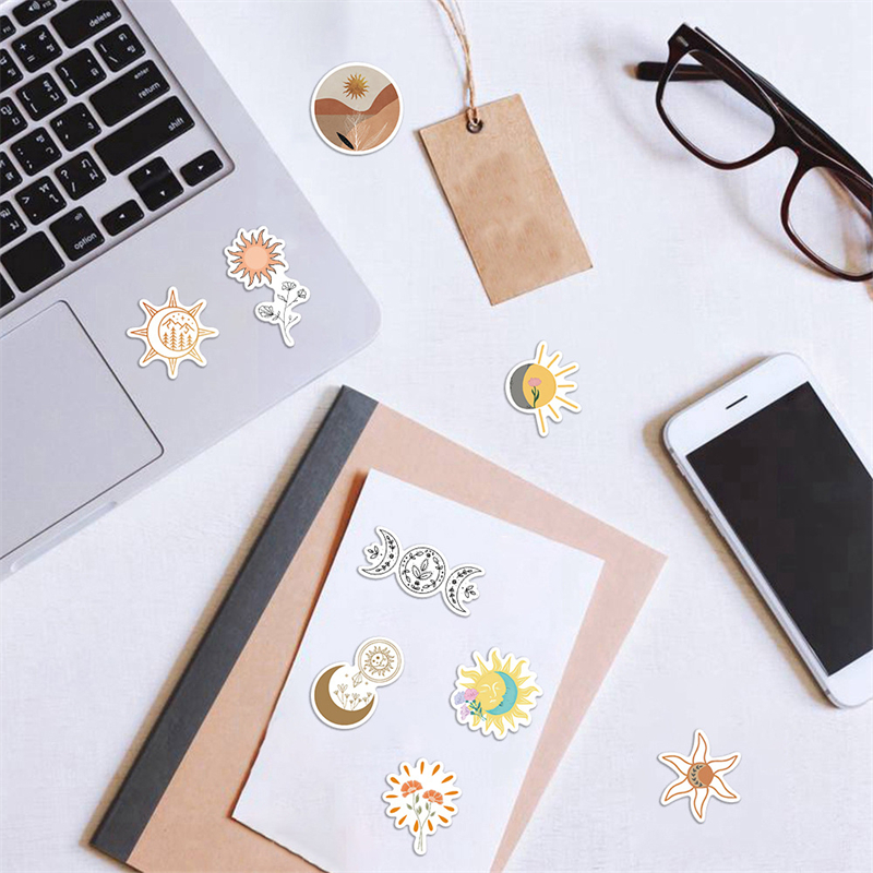50PCS Cute Bohemian Sun Moon Flowers Stickers Aesthetic Laptop Guitar Phone Scrapbook Luggage Wall Cartoon Sticker